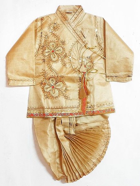 Sequin and Beadwork Embroidered Tussar Silk Kurta and Pyjama Dhoti
