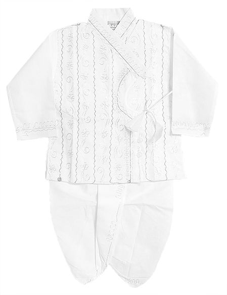 Dark Brown with White Embroidery on  White Kurta and Pyjama Dhoti 
