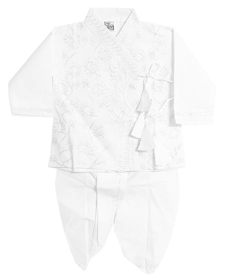 White Embroidery on  White Kurta and Pyjama Dhoti 