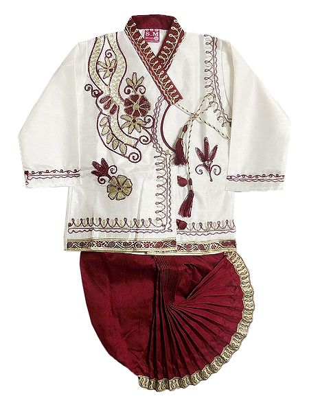 Embroidered White Art Silk Kurta and Ready to Wear Maroon Dhoti for Baby Boy