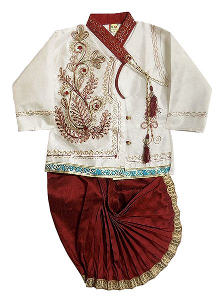 Embroidered White Art Silk Kurta and Ready to Wear Maroon Dhoti
