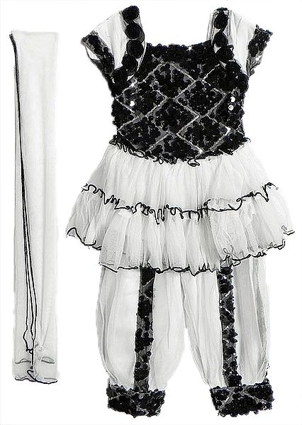 White with Black Net Churidar, Frock and Chunni with Sequin Work