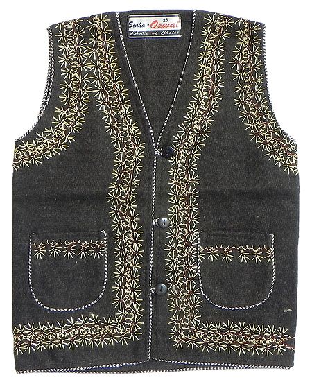 Front Open Embroidered Seal Brown Sleeveless Woolen Jacket with Pocket