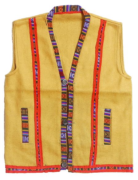 Yellow Kullu Sleeveless Woolen Jacket with Pocket from Himachal pradesh