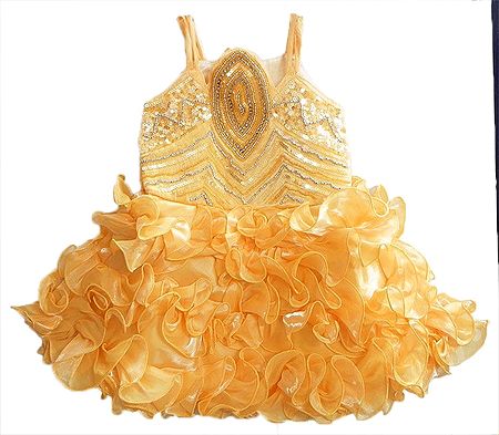 Yellow Frilled Party Wear Dress with Sequin, Bead and Zari Work