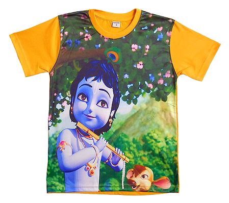 Printed  Krishna on Yellow T-Shirt for Young Boy