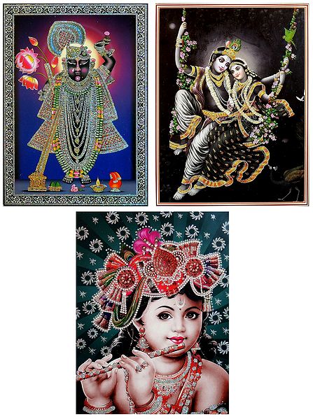 Radha Krishna and Sreenathji - Set of 3 Glitter Posters