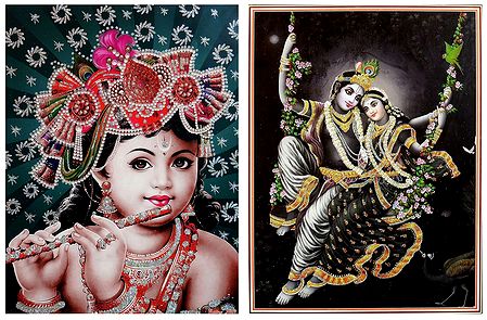 Radha Krishna and Young Krishna - Set of 2 Glitter Posters