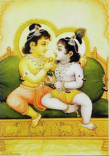 Balaram feeding Laddu to Krishna