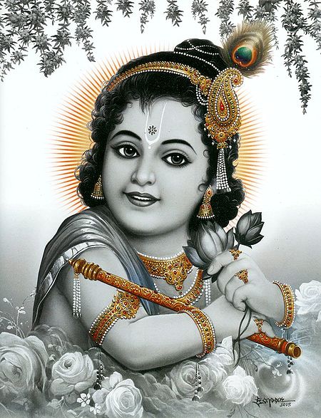 Krishna Holding Flute and Lotus