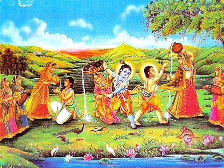 Playfully Mischeivious Krishna and Balaram with Gopinis