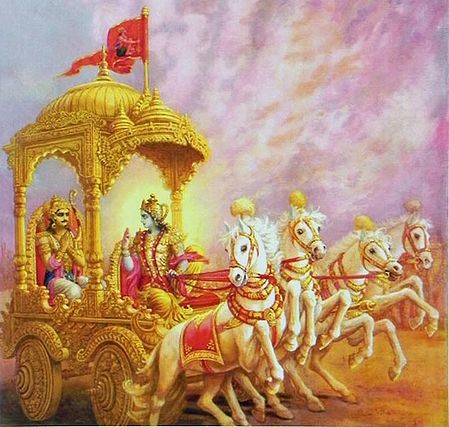 Krishna Preaches the Gita to Arjuna in the Battlefield of Kurukshetra