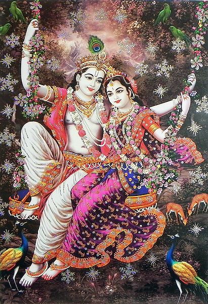 Radha Krishna on a Swing - (Poster with Glitter)