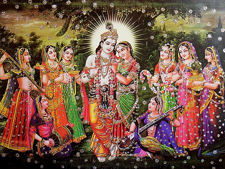 Radha Krishna with Gopinis - Glitter Poster