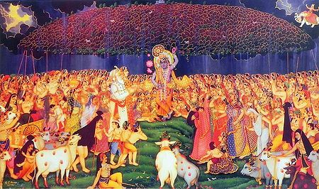 Krishna Lifts Giri Govardhan to Protect the People of Vrindavan from the Torrential Rain