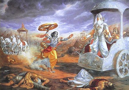 Krishna attacks Bhishma with a Chariot Wheel