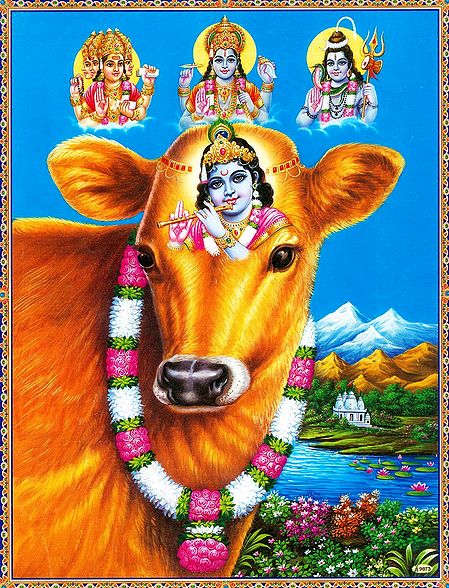 Krishna on Cow with Brahma, Vishnu, Shiva