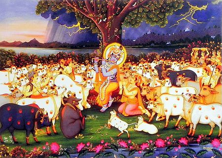 Krishna Mesmerising People and Cows of Vrindavan by His Flute