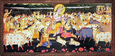 Gopis, Gopinis and Cattles of Vrindavan Mesmerized by the Tune of Krishna's Flute