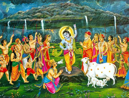 Krishna Lifts Giri Govardhan to Protect the People of Vrindavan from the Torrential Rain