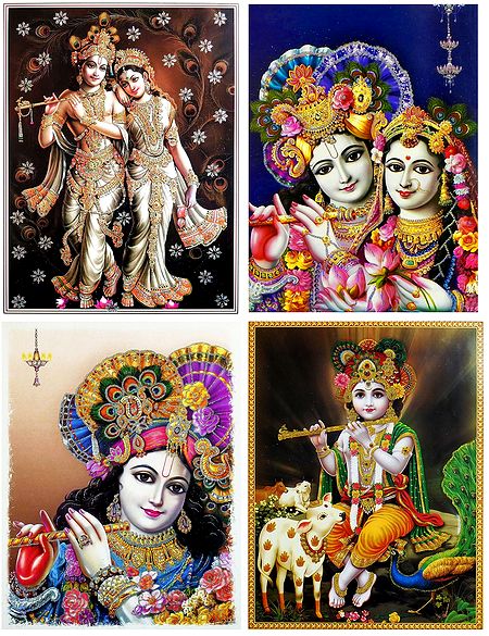 Radha Krishna and Young Krishna - Set of 4 Glitter Posters