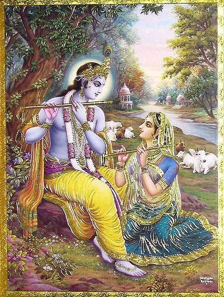 Krishna Teaching Radha to Play the Flute