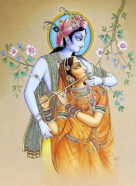 Krishna Teaching Radha to Play Flute