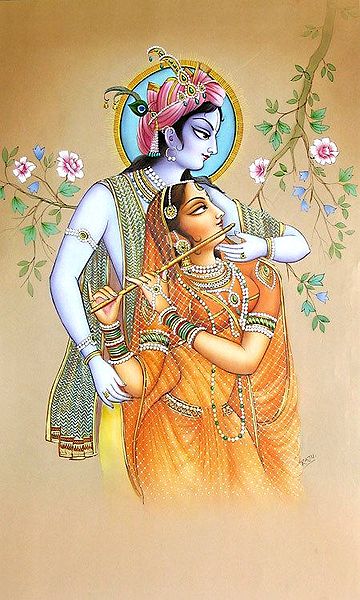 Krishna Teaching Radha to Play Flute