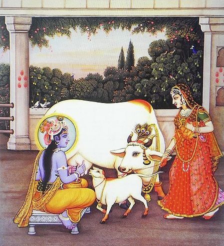 Krishna Milking cow with Radha Nearby