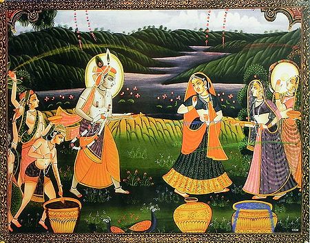 Radha Krishna Playing the Festival of Color Holi with Gopi and Gopinis