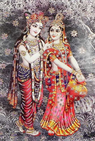 An Affectionate Krishna Praising Radha's Beauty (Poster with Glitter)