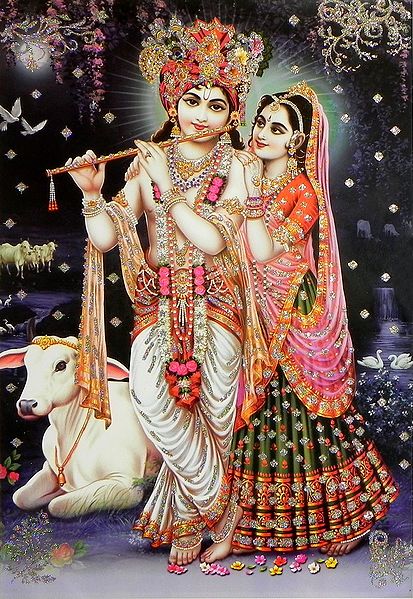 Radha Mesmerised by the Sound of Krishna's Flute - (Poster with Glitter)