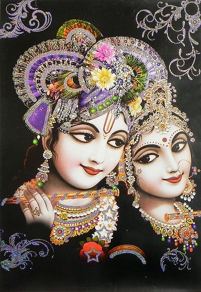 Radha Learning Flute from Krishna - (Poster with Glitter)