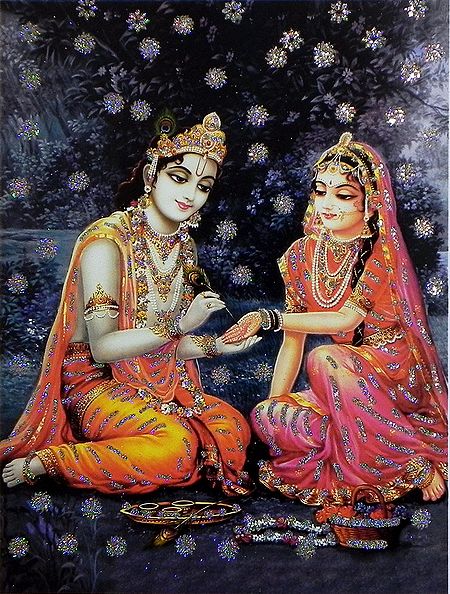 Krishna Applying Mehendi on Radha's Hand - Glitter Poster