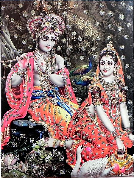 Radha Krishna on a Secret Rendezvous - Glitter Poster