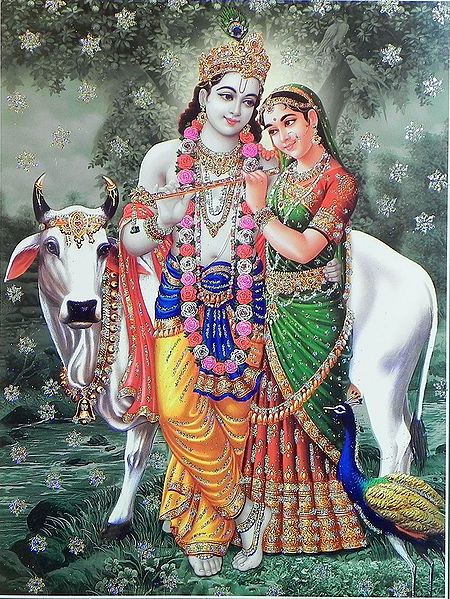 Radha Krishna with Cow - Glitter Poster