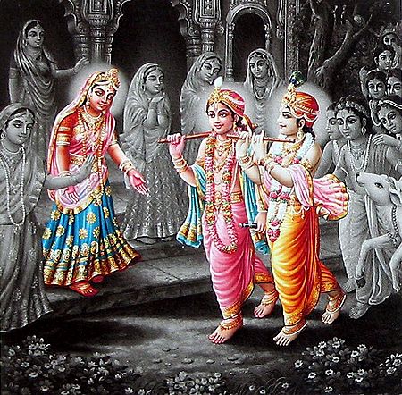 Radha, Krishna and Balarama with Gopis and Gopinis of Vrindavana