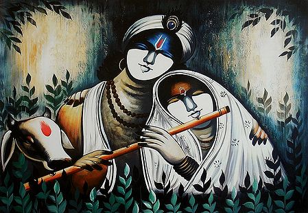 Krishna Enjoying the Music of Radha's Flute