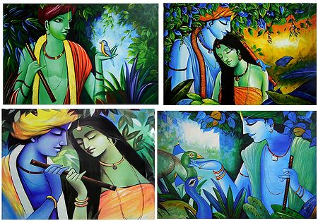 Animal Lover Krishna and Radha Krishna - Set of 4 Posters