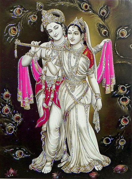 Radha Learning Flute from Krishna - Glitter Poster
