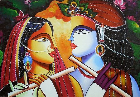 Radha and Krishna Playing Flute