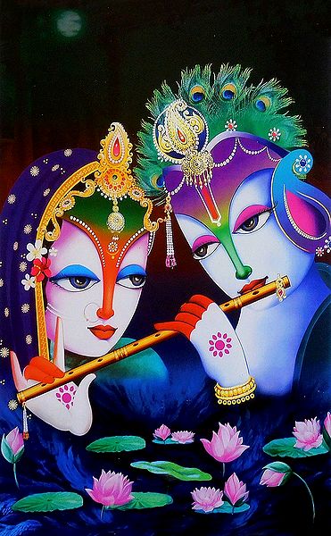 Radha Mesmerised by the Sound of Krishna's Flute - Hindu Poster