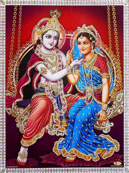 Krishna Admiring Radha's Beauty - Unframed Glitter Poster