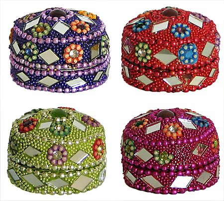 Four Kumkum Containers with Mirror Work