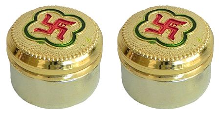 Two Metal Kumkum Containers with Swastik (Auspicious Hindu Symbol) on Top
