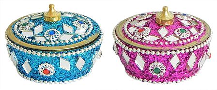 Pair of Cyan Blue and Magenta Kumkum Conatainer Decorated with Mirror and Glitter