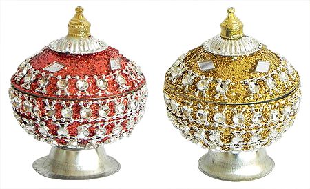 Pair of Dark Saffron and Golden Kumkum Conatainer Decorated with Mirror and Glitter