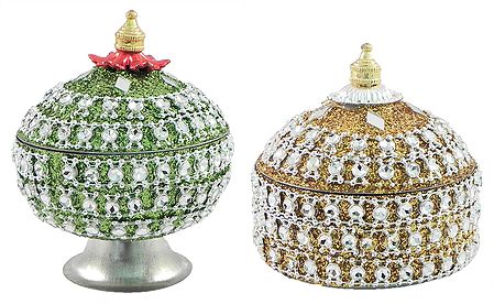 Pair of Olive Green and Golden Kumkum Container Decorated with Mirror and Glitter