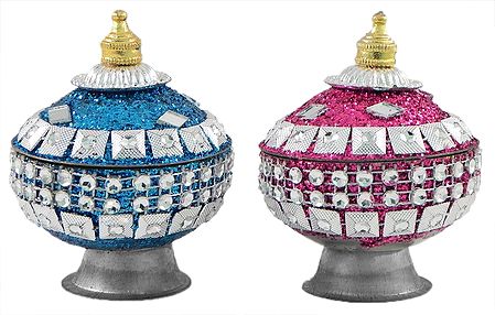 Set of 2 Blue and Magenta Kumkum Container Decorated with Mirror and Glitter