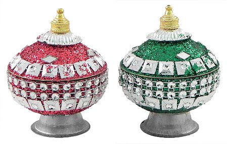 Pair of Red and Green Kumkum Container Decorated with Mirror and Glitter